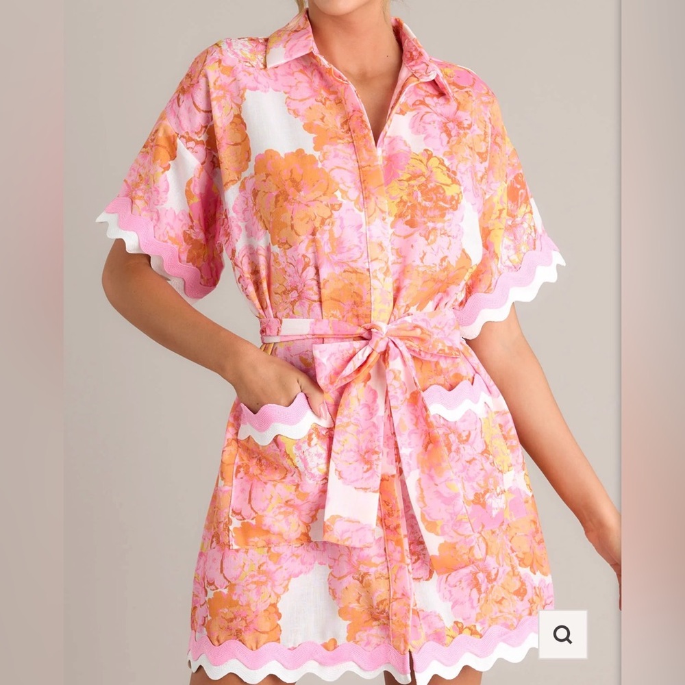 Floral pink & tangerine button dress with wave trim women’s NWT - Picture 4 of 6
